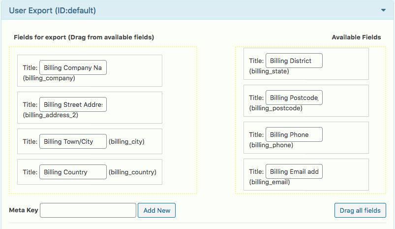 export woocommerce fields with UMP