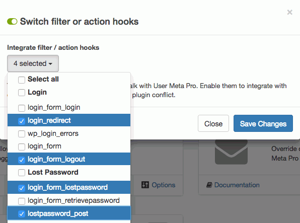 switch filter or action hooks options