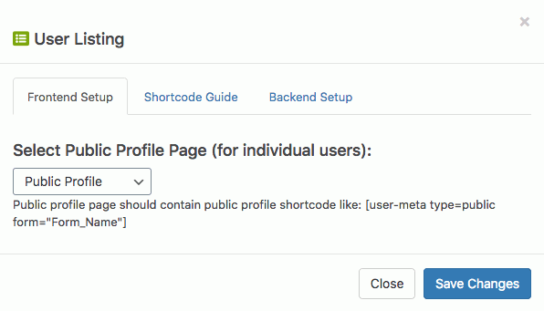 user listing frontend setup features